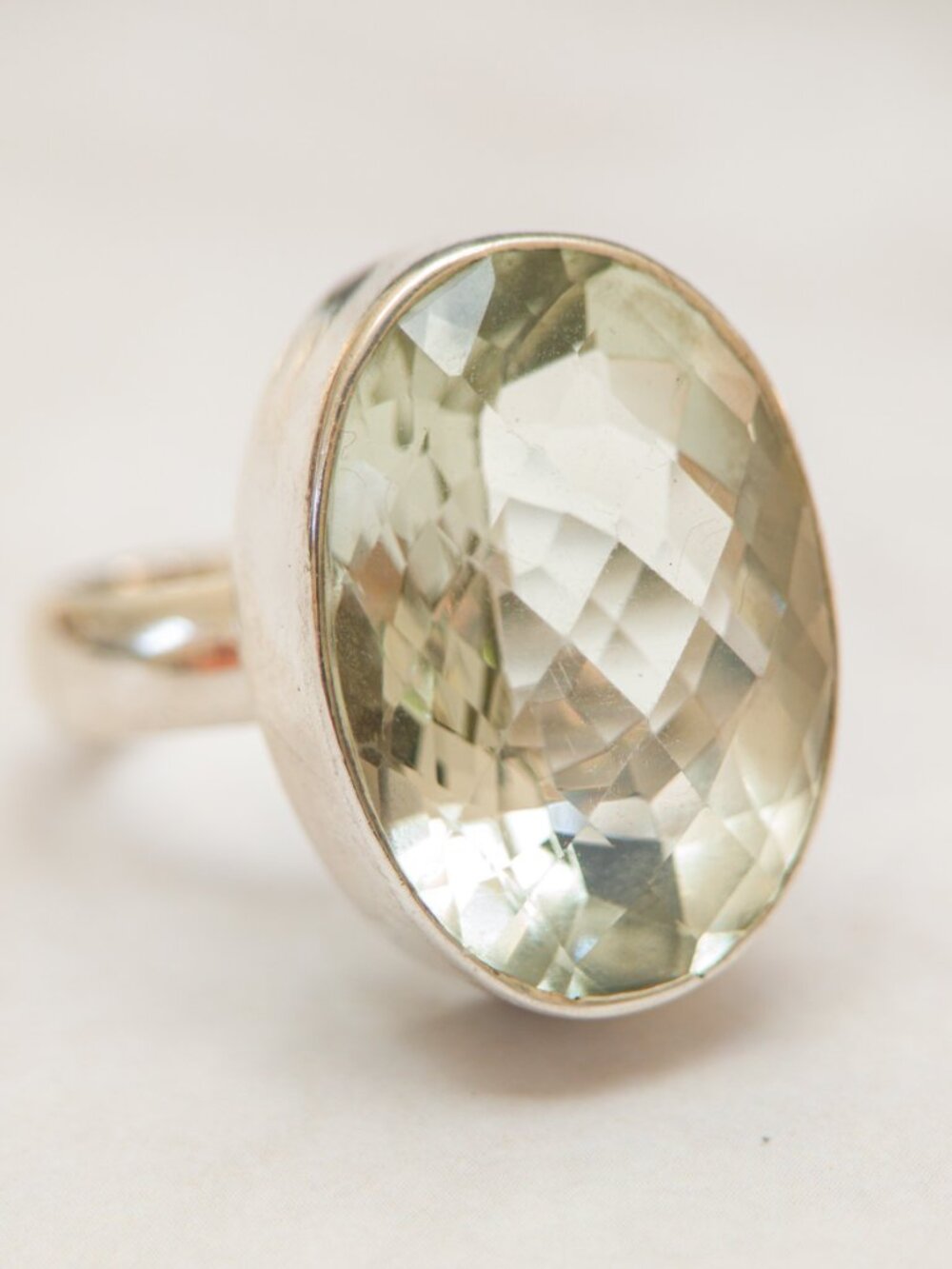 Sterling Prasiolite Oval Bezel Ring — Size 9 (oversize 20 ct)